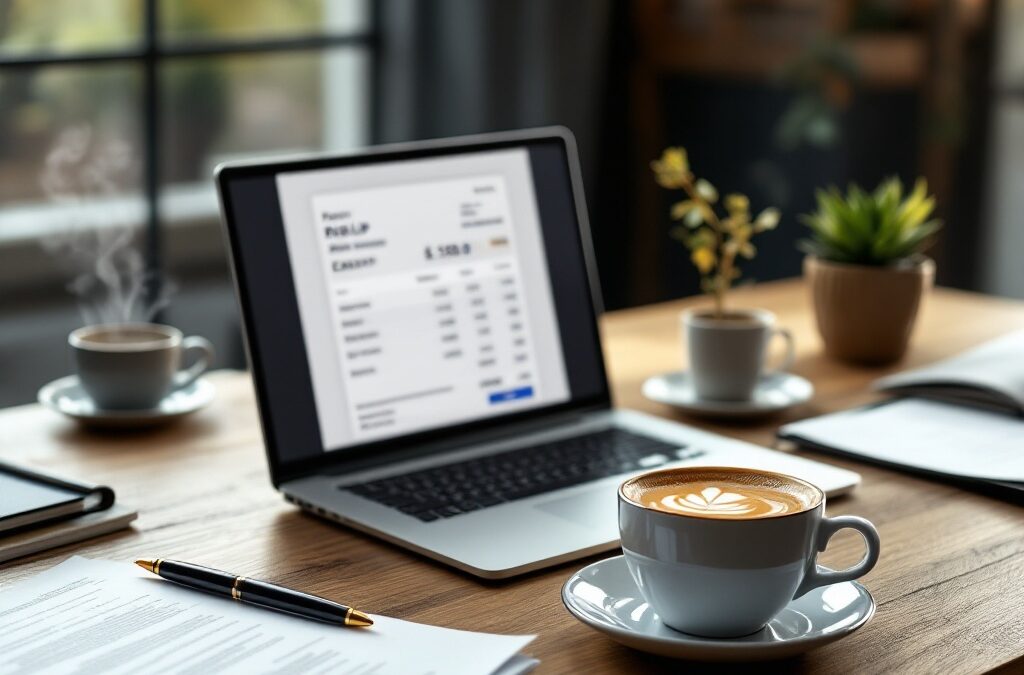 Bureau professionnel avec ordinateur portable affichant une fiche de paie